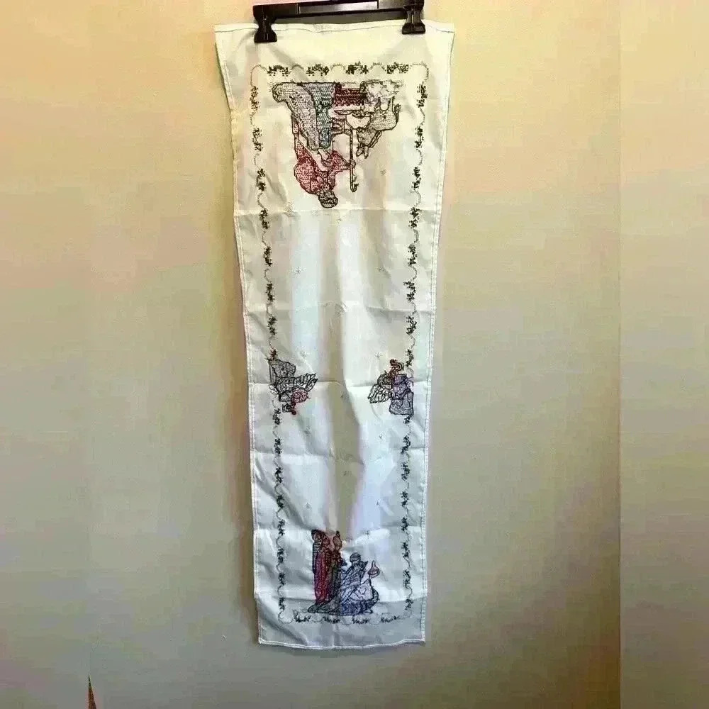 Vtg Table Runner Embroidered Cross Stitch Angels 3 Wise Men Mary Joseph Jesus